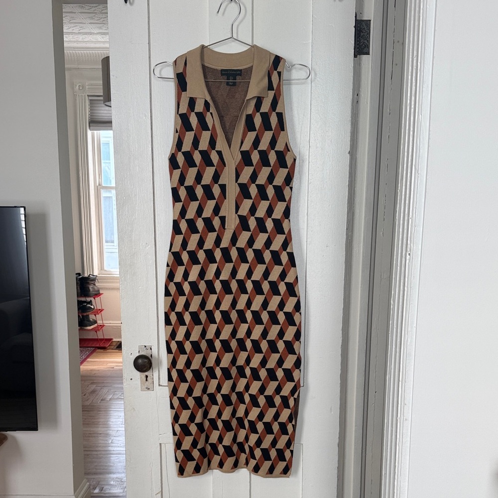 House of Harlow 1960 Geometric Knit Midi Dress in Tan, Black & Rust
